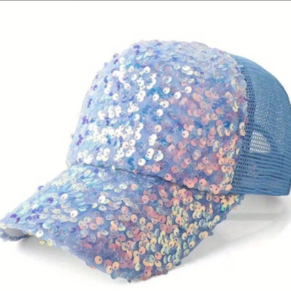 🔹️BLUE SEQUINS Glitter mesh trucker baseball cap ✨💙 - Picture 1 of 1